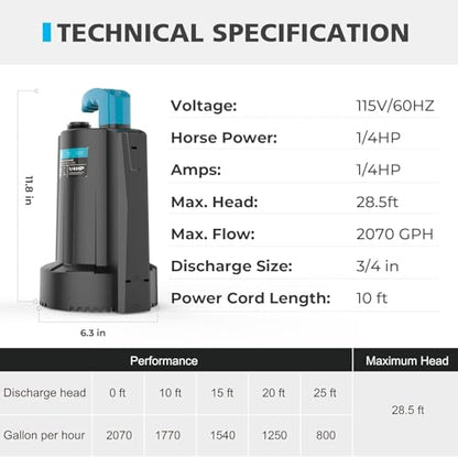 LEO 1/4 HP Automatic Sump Pump, 2250GPH Submersible Utility Pump, 10ft Cord - color: Dark Black