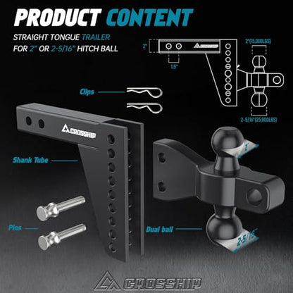 Adjustable Trailer Hitch Ball Mount for 2″ Receiver – Heavy Duty Tow Hitch with Dual 2″ & 2-5/16″ Balls, Height Adjustable for Trucks, RVs, Campers & Trailers (Up to 26,000lbs GTW) - CROSSHIP - size: 2" 6Drop-Dual Ball