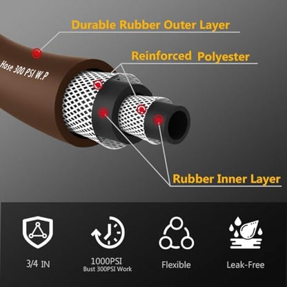Guitrees Garden Hose 25FT x 3/4", Heavy Duty Rubber Hose, Water Hose with Five Layered Braiding, Male to Female Fittings, 1000PSI Burst, 300PSI Working (Brown) - color: Brown, size: 3/4 25FT Male to Female