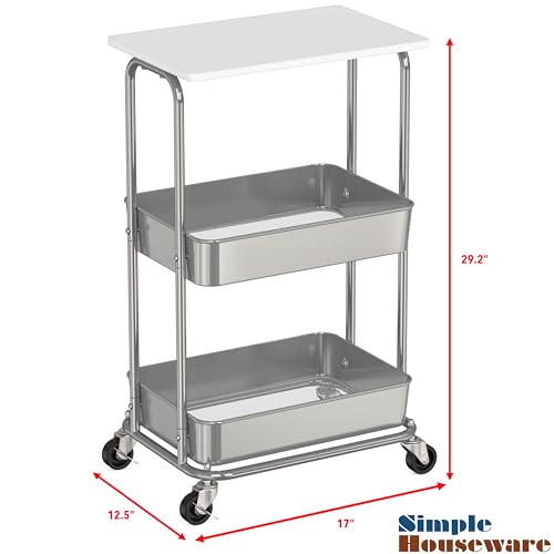 Simple Houseware 2-Tier Rolling Utility Cart Wood Top/Lockable Wheel, White - color: White