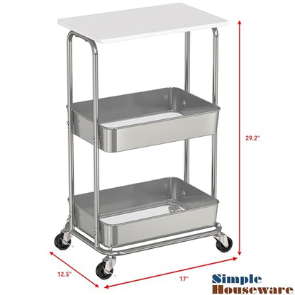 Simple Houseware 2-Tier Rolling Utility Cart Wood Top/Lockable Wheel, White - color: White