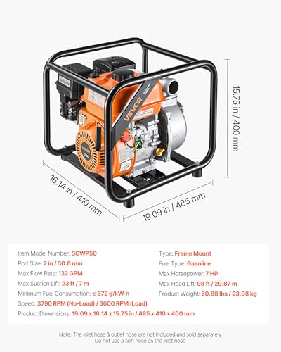 VEVOR Gas Powered Water Pump, 2 in, 132 GPM 7HP Semi Trash Water Transfer Pump Portable, Gasoline Engine with 25 ft Discharge Hose, Heavy Duty Frame, Cast Iron Impeller, for Irrigation, Ponds, Pools - size: 2in 7.0 HP 132 GPM