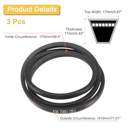 uxcell 3 Pack B69 Classic V-Belt, 72" Outside Circumference, Black, Industrial Rubber V-Belt - size: B69