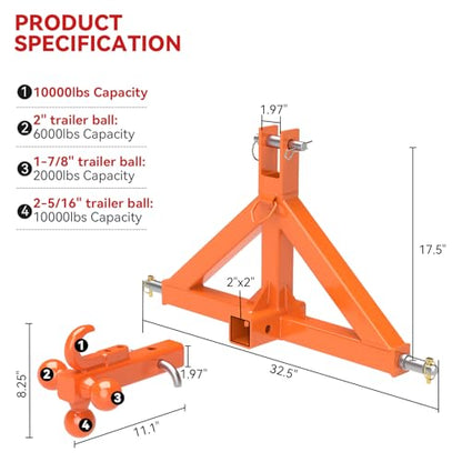 3 Point 2" Trailer Hitch Receiver and Towing Ball Hitch with Hook for Cat.1 - color: Orange