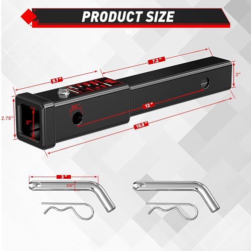 TYT 12-Inch Hitch Extender for 2" Receiver, Trailer Hitch Extension - size: 12'' Extender with 2 pin