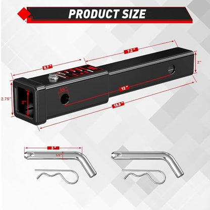 TYT 12-Inch Hitch Extender for 2" Receiver, Trailer Hitch Extension - size: 12'' Extender with 2 pin