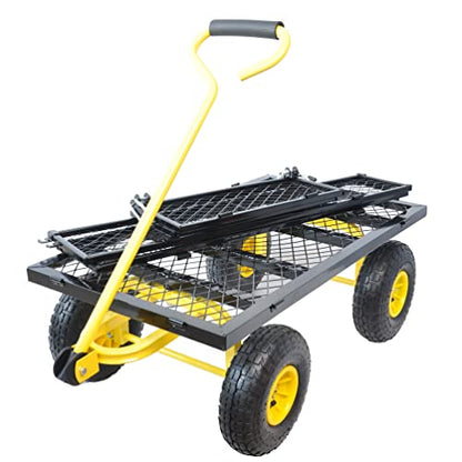 Steel Garden Cart, 2-in-1 600 lbs Heavy Duty Utility Wagon, with Removable Mesh Sides to Convert into Flatbed, 240° U-Turn 10" Pneumatic Tires Garden Wagon for Farm Yard Lawn Garden Camping (Yellow) - color: Yellow