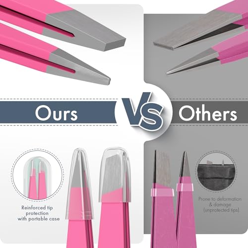 Tweezers for Women Facial Hair, Slant & Pointed Tweezers for Eyebrows, Ingrown Hair, Splinter Removal, 2 Pack Tweezer Set, Professional Stainless Steel Eyebrow Tweezers for Men and Women, Pink - color: Pink - 2 Pack