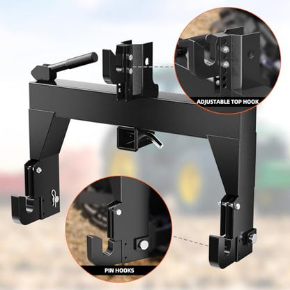 3 Point Cat 1 & 2 Quick Hitch, 3000 lbs 2" Receiver Adjustable for Kubota - color: Black