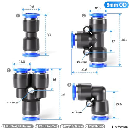 TAILONZ PNEUMATIC 6mm od Push to Connect Fittings Pneumatic Fittings Kit 2 Spliters+2 Elbows+2 tee+2 Straight (8 pcs) - color: Blue, size: 6MM OD/8PCS