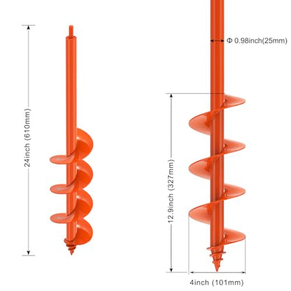 Insaga 4'' x 24'' Auger Drill Bit for Planting, Extra Long Heavy Duty Earth Auger for Post Hole Digger, 0.98'' Hollow Shank, Bright Orange Coating, Fit 3/8'' Hex Drive for Fence Post Tree Bulb Garden - size: 4'' x 24''