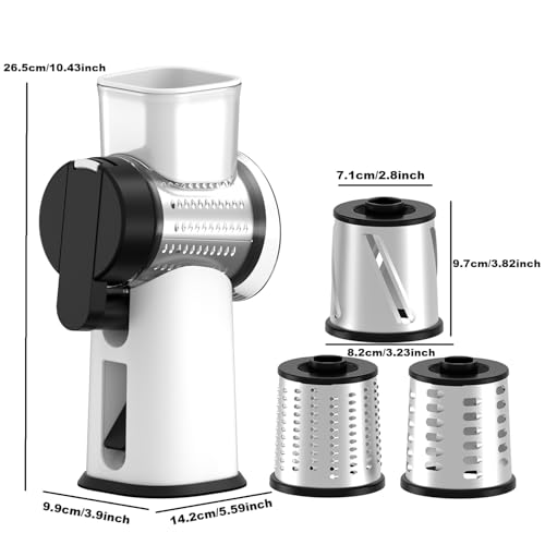 Rotary Cheese Grater Hand Crank with Foldable Handle, Three Blades - color: White