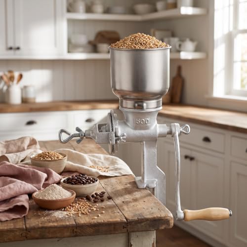 Manual Grain Mill, 7.5lb Cast Iron Flour Mill Grinder (Silver）