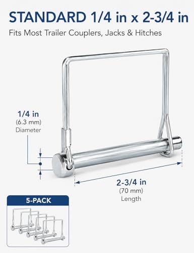 5-Pack 1/4 x 2-3/4 Inch Square Trailer Hitch Pins with Wire Locks