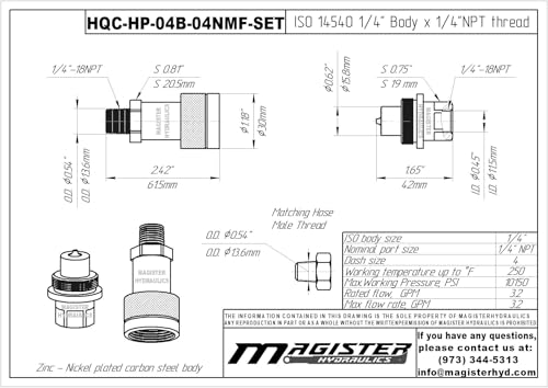 1/4" High-Pressure Hydraulic Quick Connect Coupler Set - 10,000 PSI - 1/4" NPT Thread - size: 1/4" Body