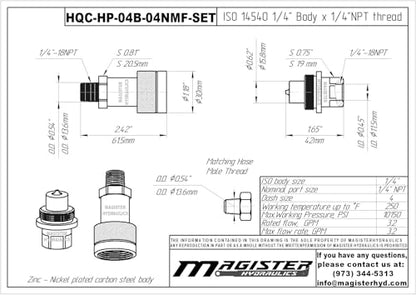 1/4" High-Pressure Hydraulic Quick Connect Coupler Set - 10,000 PSI - 1/4" NPT Thread - size: 1/4" Body