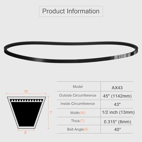 uxcell AX43 EPDM V-Belt, Raw Edge Cogged Industrial Rubber V Belt 1/2" Width x 43" Inside Circumference - size: AX43