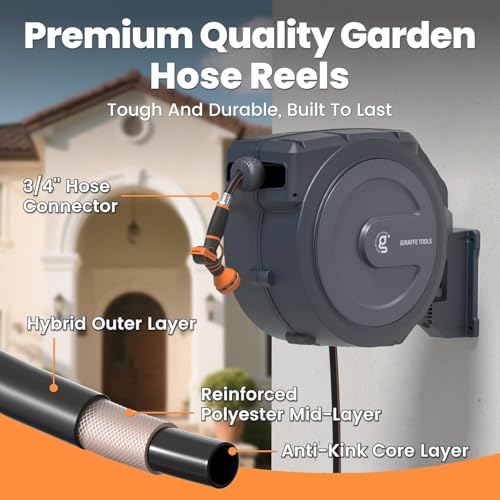 Giraffe Tools Retractable Garden Hose Reel 5/8" 62FT Auto Rewind Wall Mount - size: 5/8''62ft