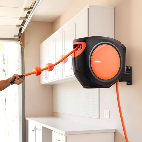 VEVOR Retractable Air Hose Reel, 3/8 Inch x 80 FT Hybrid Air Hose Max 300PSI, Enclosed Air-Compressor Hoses Reel Auto Rewind with 6.6 ft Lead in, 180° Swivel Ceiling/Wall Mount for Workshops - size: 3/8IN x 80FT
