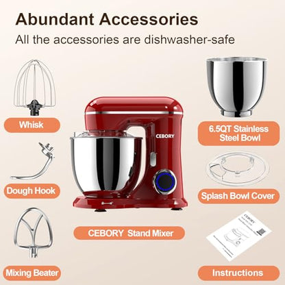 CEBORY 3-IN-1 Electric Stand Mixer, 6.5QT Bowl 660W 10-Speed Kitchen Mixer, Household Food Mixers include Dough Hook, Beater and Whisk, Bread Cake Mixer for Baking and Most Home Cooks, Red - color: Red