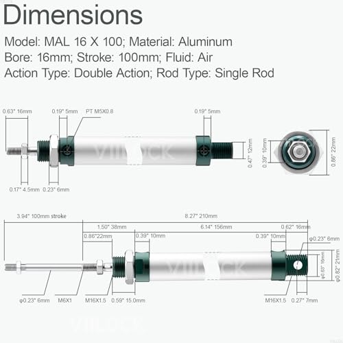 MAL16x100 Mini Air Cylinder 16mm Bore 100mm Stroke Double Acting - size: 16mm x 100mm