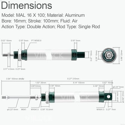 MAL16x100 Mini Air Cylinder 16mm Bore 100mm Stroke Double Acting - size: 16mm x 100mm
