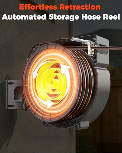 130FT Retractable Garden Hose Reel 1/2 Inch with Metal Bracket & 9-Pattern Nozzle, Automatic Slow Return & Any Length Lock, Wall Mounted Heavy Duty Hose Reels for Outside, 180° Swivel UV Resistant - size: 1/2inch 130ft