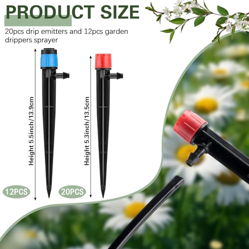 SiliFine 32 Pcs Drip Irrigation Emitters Garden Drip Emitters for 1/4 Inch Tubing Irrigation Drippers Sprayer 360 Degree Water Flow Drippers for Garden Flower Bed(Red and Blue,Single Hook) - style: Minimalist