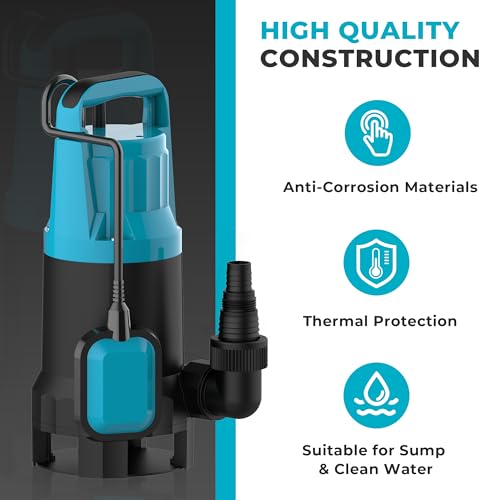 1.3HP Sump Pump 5280GPH Submersible Water Pump with Float Switch - color: Light Blue