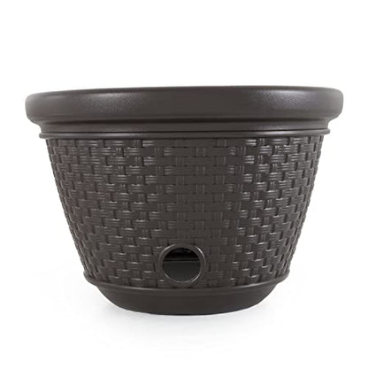Suncast Decorative Wicker Garden Hose Holder Pot with 4 Drain Holes for 100 Foot Hoses, Java
