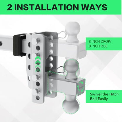Zero-Noise Adjustable Trailer Hitch for 2 Inch Receiver - 8 Inch Drop/Rise - color: Grey, size: 8 Inch Drop/Rise