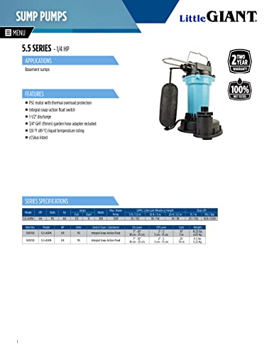 Little Giant 5.5-ASPA 115V, 1/4 HP Aluminum Automatic Sump Pump, 10' Cord