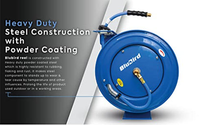 BLUBIRD BBRHD1250 18ga. Retractable Hose Reel with 1/2" X 50' Air Hose, 12 Point Ratcheting Gear, Next-Gen Rubber, Lightest, Strongest, Most Flexible, 300 PSI, -50F to 190F Degrees, Polyester Braided - size: 1/2" x 50' HD