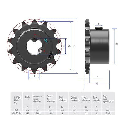 14 Tooth Roller Chain Sprocket, 25 Chain, 6mm Bore - size: 14T/6mm Bore