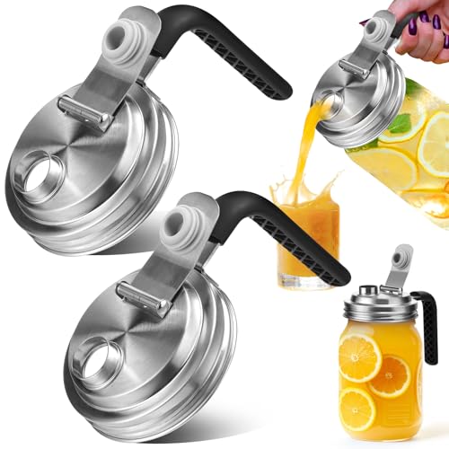 Mason Jar Pour Spout Lid Stainless Steel with Handle, Wide Mouth Pour Spout Flip Cap Lids for Mason Jars, Anticracking Leak Proof Seal Cover Airtight for Drinking Salad Dressing & Food Storing(2PCS) - style: Wide Mouth Stainless Steel Lid with Handle 2 PC