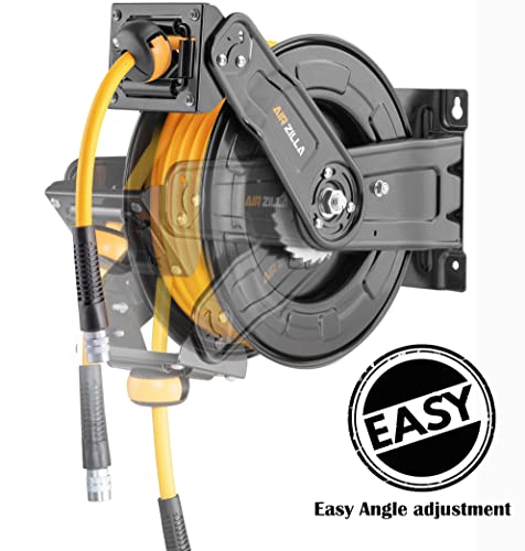 AIRZILLA Premium Steel Retractable Air Hose Reel With Dual Arm, 3/8"x50Ft Hybrid Polymer Hose, Heavy Duty Air Hose Reel included Auto Rewind Reel | Quick Air Coupler | Durable Double side Frame. - color: 3/8"x50ft
