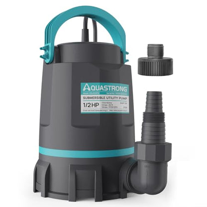 Aquastrong Sump Pump 1/2 HP Submersible Water Pump Thermoplastic Portable Utility Pump 3159 GPH High Flow Water Removal for Swimming Pool Garden Pond Basement Window Wells with 10ft Long Power Cord | Thermoplastic Utility Pump High Flow Water Removal for
