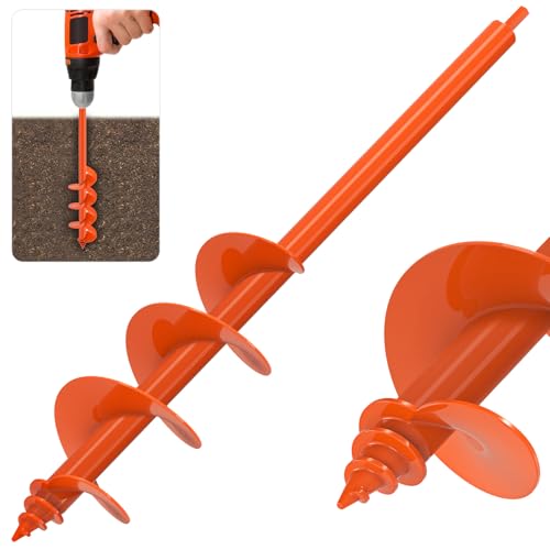 Insaga 4'' x 24'' Auger Drill Bit for Planting, Extra Long Heavy Duty Earth Auger for Post Hole Digger, 0.98'' Hollow Shank, Bright Orange Coating, Fit 3/8'' Hex Drive for Fence Post Tree Bulb Garden - size: 4'' x 24''