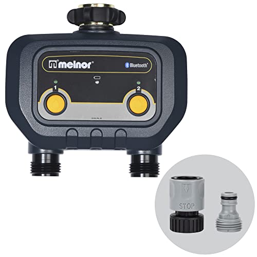 Melnor 65183AMZ Bluetooth Hose Timer, 2-Zone Programmable Watering Timer, Quick Connect Bundle, Black, Yellow - style: 2-Valve