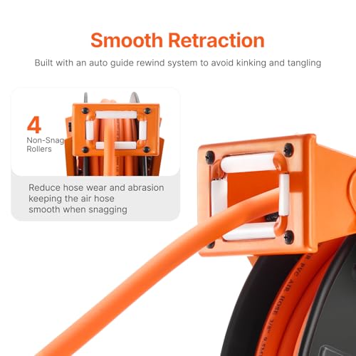 VEVOR Retractable Air Hose Reel with Double Arms, 3/8 IN x 65FT Hybrid Air Hose Max 300PSI, Air Compressor Hose Reel with 5FT Lead in, Ceiling/Wall Mount Heavy Duty Steel Reel for Workshop Garage - size: 3/8 in x 65 ft