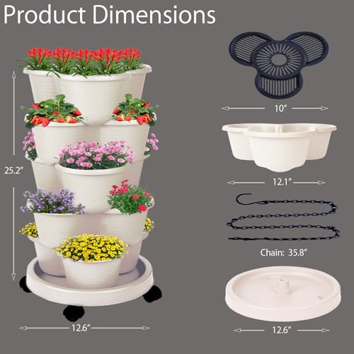5-Tier Vertical Garden Tower Stackable Planter for Strawberries, Flowers, Vegetables & Herbs Beige - color: Beige, size: 1 Pack