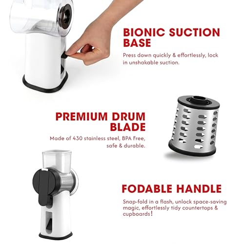 Rotary Cheese Grater Hand Crank with Foldable Handle, Three Blades - color: White