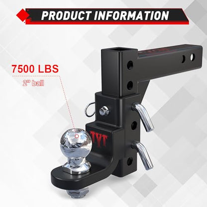 TYT Adjustable Trailer Hitch Ball Mount, 2" Towing Ball 7500 LBS, 9-1/2" Drop and 8-1/4" Rise, Fits 2-in Receiver with 2 Pin&Clips and 5/8" Premium Pin Lock for Heavy Duty Truck - size: Drop Hitch with 2" Ball, 9-1/2" Drop & 8-1/4" Rise