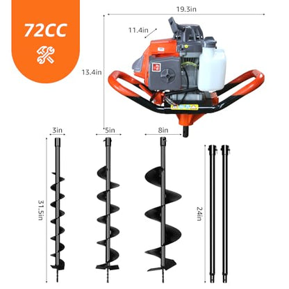 72CC Auger Post Hole Digger Gas Powered w/ 3" & 5" & 8" Auger Bits - color: 3" & 5" & 8" Auger Bits + 24“ & 24" Ext Rod