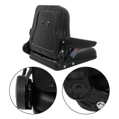 munirater Universal Fold Down Forklift Seat with Seatbelt Armrest and Slide Replacement for Excavator Skid Loader Backhoe Dozer Telehandler