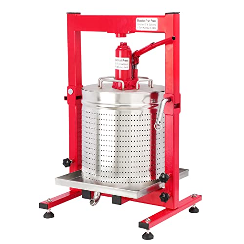 7.93 Gallon / 30L Mosakar Hydraulic Fruit Press. 3 Ton Pressure. Parts contact with Juice are AISI 304 Stainless Steel. Hydraulic Apple Grape Wine Cider Juice Press