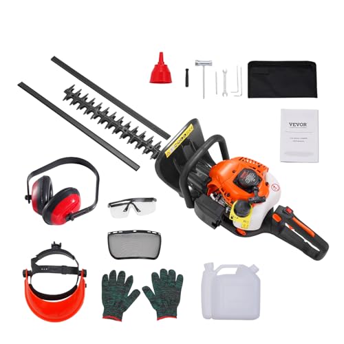 VEVOR Gas Hedge Trimmer 2 Cycle, 23.2-Inch 26cc Dual Sided Blade, Handheld, Lightweight, EPA, CE, EMC Certified, Ideal for Trimming Shrubs and Bushes, Includes Blade Cover, Gloves and Ear Protectors - size: 26 cc