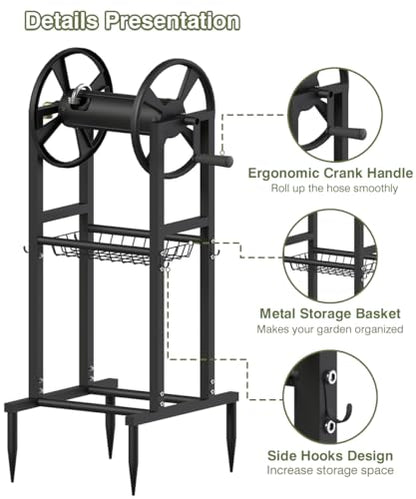 Freestanding Garden Hose Reel holds 125ft Hose of 5/8" with 4 Hooks, 4-Spike Outdoor Hose Holder with 3.9ft Leader Hose & Brass Fitting, Detachable Metal Hose Stand with Storage Rack, Black - color: Black