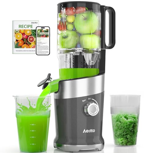 Juicer Machines For Whole Fruits, Aeitto Cold Press Juicer with Wide Feed Chute, Self Feeding Juice Extractor Machine, Easy to Assemble, Easy to Clean with Brush - color: Pearl Grey, size: Medium