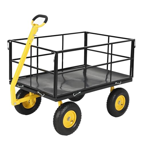 Jojoka 1500 lbs Heavy Duty Steel Mesh Garden Cart - Folding Utility Wagon - Removable Sides - 13" All-Terrain Wheels - 180° Swivel Handle - for Lawn, Yard, Farm, Soil, Plant Transport - 13X4.00-6